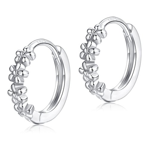 Small Hoop Earrings for Women Girls |925 Sterling Silver Post 10mm Flower Cluster Huggie Hoop Earrings, Hypoallergenic Cartilage Piercing Hoops Jewelry, Silver