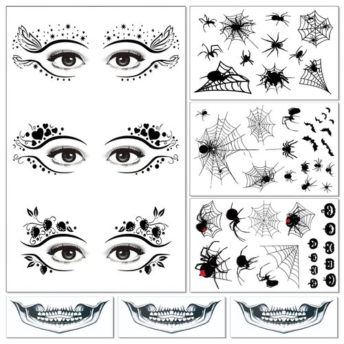 Wugbc 7 Sheets Halloween Face Temporary Tattoos Stickers Eyeliner Eye Shadow Face Fake Tattoos Spider Web Bat Mouth Halloween Makeup Kit For Women Girls Costume Cosplay Theme Masquerade Party Supplies