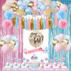 Ylibtool Baby Gender Reveal Decorations Kit,129 pcs Boy or Girl gender Reveal Decorations Party Supplies with Gender Reveal Tablecloths Cake Toppers Fringe Curtains Mom Sash Tissue Paper Paper Pom