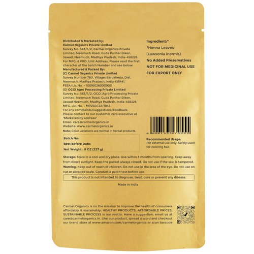 CARMEL ORGANICS Henna Leaves Powder (8 Ounce or 227 Grams) for Hair Color | Made by Natural and Pure Henna Leaves | No Added Preservatives or Color | Lawsonia inermis