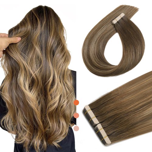 XDhair Tape in Hair Extensions Remy Human Hair Ombre Chocolate Brown Color 4 Fading To 27 Caramel Blonde Balayage Hair Extensions 20Pcs 50g 20Inch (20, #4/27/4)