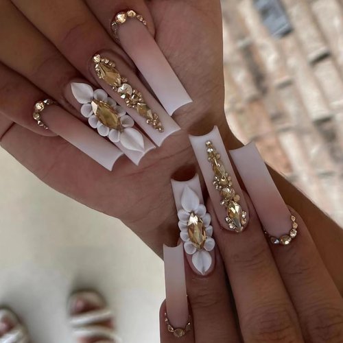 IMRAIN Press on Nails Long Square Gradient Fake Nails Nude White Matte Squoval False Nails with Rhinestone Designs Glue on Nails Full Cover Acrylic Gel Nail Kit Manicure Decoration
