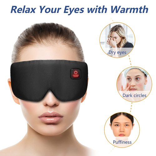 Heated Eye Mask Cordless for Dry Eyes, USB Eyes Heating Pad, Rechargeable, Real Silk, Sleep Mask for Men Women, Warm Eye Compress for Relief Stye, Blepharitis, Chalazion Black