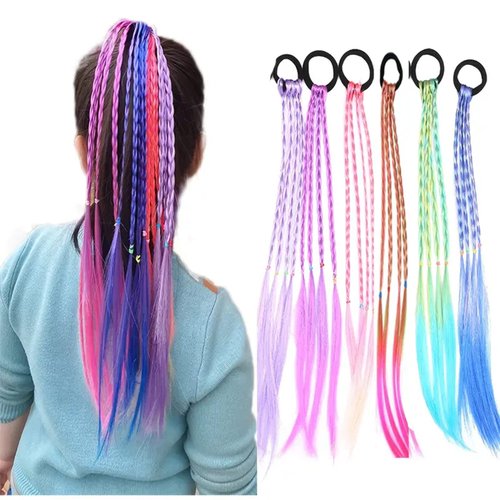 6pcs Kids Girls Hair Extension Colorful Braided Wigs Ponytail Headbands Rubber Bands Hair Bands Headwear Hair Accessories（6 pcs colors-A）