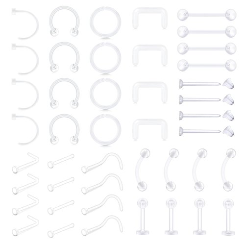 TOKRING Clear Piercing Retainer Clear Nose Studs Nose Rings Plastic Septum Retainer Lip Ear Eyebrow Tongue Nipple Cartilage Rook Daith Industrial Bar Piercing Jewelry for Work Surgery