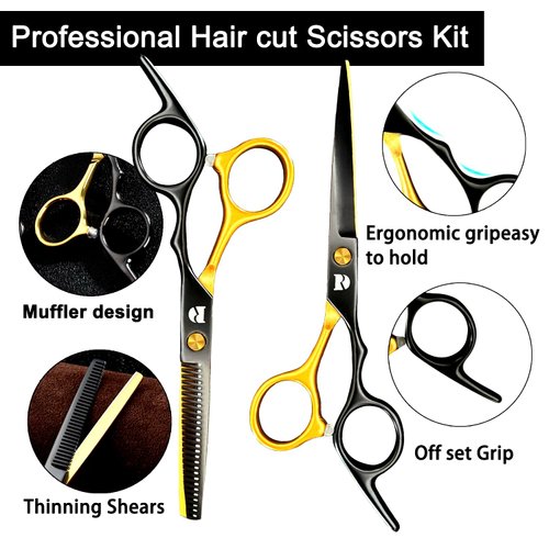 Professional Hair Cutting Shears Set,6 Inch Barber hair Cutting Scissors Thinning Shears Sharp Blades Hairdresser Haircut For Women/Men/kids 420c Stainless Steel Rainbow Color (Gold)