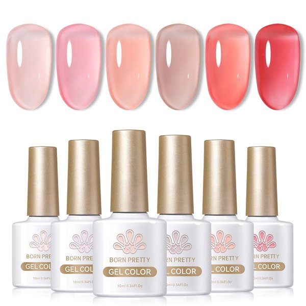 Born Pretty Jelly Gel Nail Polish Set Sheer Jelly Nude Pink Gel Polish Crystal Transparent Gel Polish Set Nail Art Varnish Manicure Collection Gift Set 10ML 6PCS