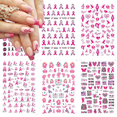 6Sheets Breast Cancer Nail Stickers for Nail Art 3D Self-Adhesive Pink Ribbon Nail Art Stickers Letter Love Heart DIY Nail Art Design Supplies Breast Cancer Awareness Nail Decals for Women Nail Decor