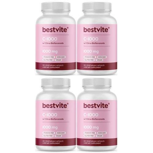 BESTVITE Vitamin C 1000mg (480 Vegetarian Capsules) (120 x 4) with Citrus Bioflavinoids - No Stearates - Vegan - Non GMO - Gluten Free