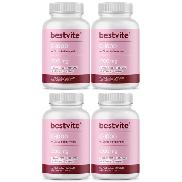BESTVITE Vitamin C 1000mg (480 Vegetarian Capsules) (120 x 4) with Citrus Bioflavinoids - No Stearates - Vegan - Non GMO - Gluten Free