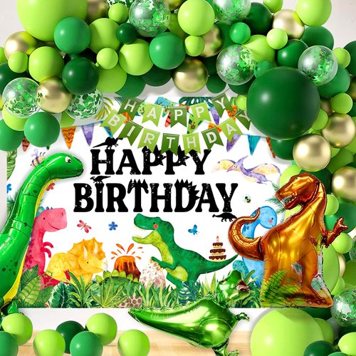 Dinosaur Birthday Party Decorations&118 pcs Balloons Arch Garland Kit(Gold,Green),Dinosaurs Balloons,Dinosaurs Birthday Backdrop,Jungle Balloons，for Dino Themed Kid's Party,Shower Birthday Party.