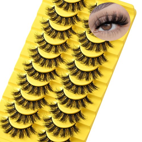 QUNETY Mink Lashes Fluffy Eyelashes Natural Look 8D Wispy Lash D Curl Strips Eyelash 10 Pairs Reusable False Lashes for Doll Eye Dramatic Volume Spiky Cluster Strip Lashes