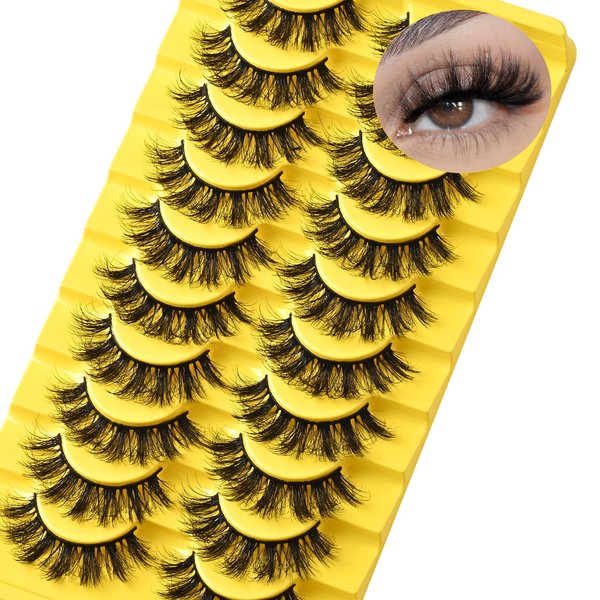 QUNETY Mink Lashes Fluffy Eyelashes Natural Look 8D Wispy Lash D Curl Strips Eyelash 10 Pairs Reusable False Lashes for Doll Eye Dramatic Volume Spiky Cluster Strip Lashes