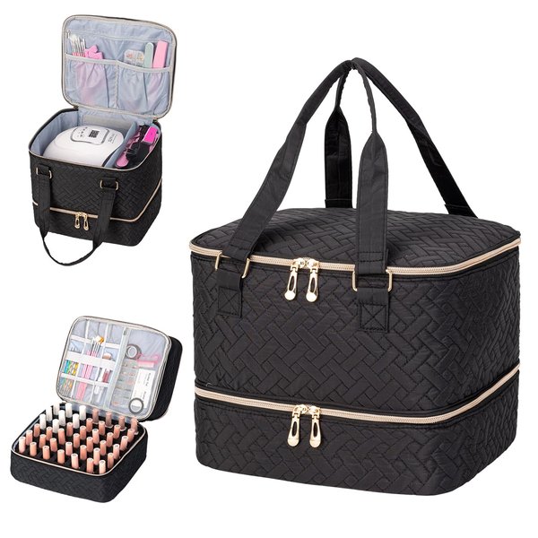 KGMCARE Nail Polish Organizer, Double Layer Nail Polish Storage Bag Gel Nail Polish Carrying Case Holds 42 Bottles with Nail Dryer Lamp Portable Nail Polish Manicure kit supplies Organizer (quilted)