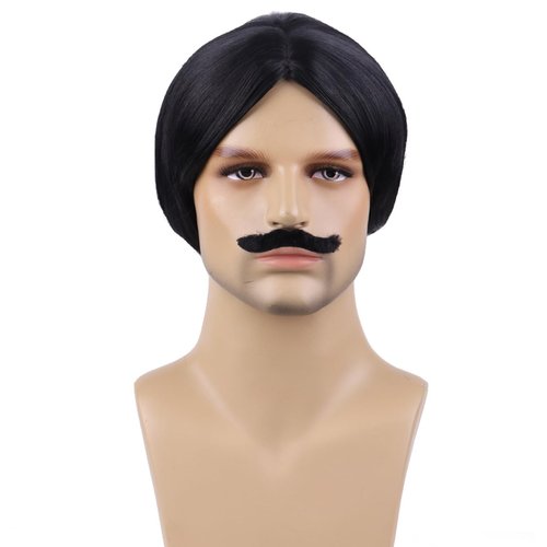 BERON Men Black Wigs and Mustache Short Straight Black Wig for Man Male Halloween Costume Party Wigs