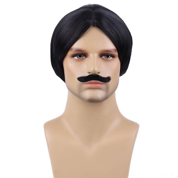 BERON Men Black Wigs and Mustache Short Straight Black Wig for Man Male Halloween Costume Party Wigs
