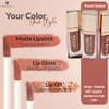 Phoenix Beauty Lip Trio: Smudge-Proof Long Stay Matte Lipstick, Vibrant Lip Gloss & Hydrating Lip Oil; Jojoba Oil; Vitamin E; Holiday Gift; Premium Lip Care & Color Set; Warm Nude (Peach Sorbet)