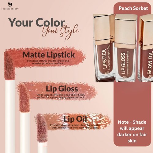 Phoenix Beauty Lip Trio: Smudge-Proof Long Stay Matte Lipstick, Vibrant Lip Gloss & Hydrating Lip Oil; Jojoba Oil; Vitamin E; Holiday Gift; Premium Lip Care & Color Set; Warm Nude (Peach Sorbet)