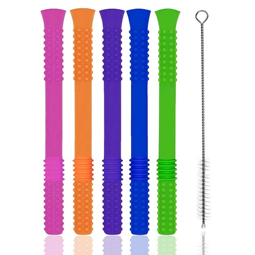 Hollow Teething Tubes Soft and Durable Baby Teether with Brushe 6-Pack Teething Toys for Babies 6-18 Months Silicone Teethers for Toddlers Sensory Chewy Tubes
