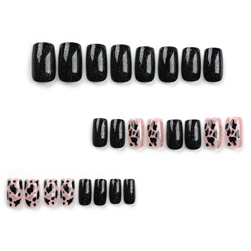 Cow Print Press on Nails Short Medium Square BAOYAALIN, Black Fake Nails with Glitter Design Gel Glue on Nails for Women Girls Full Cover Acrylic Artificial False Stick on Nail for Wedding 24Pcs