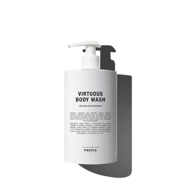 PREVIA Virtuous Body Wash - Soothing Shower Gel for Sensitive Skin - Refreshing and Gentle Cleansing - With Eucalyptus, Lavender, and Geranium Essential Oils - 16.9 oz