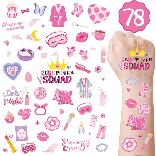 Pink Sleepover Party Temporary Tattoos for Girls - 78 Styles Slumber Party Birthday Supplies, Spa Party Cute Decorations, Sleepover Party Activity Favors Accessory