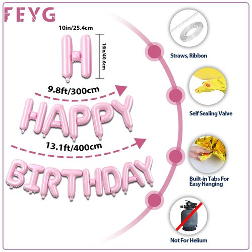 Light Pink Happy Birthday Balloons Banner,16 Inch Mylar Foil Letters Set,Inflatable Reusable Party Decor,for Women,Men,Kids Boys & Girls Birthday Decorations Party Supplies