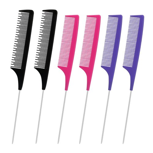 6PCS Rat Tail Combs for Parting, Parting Comb with Parting Tip, Fine Tooth Comb with Metal Pick, Hair Parting Comb for Braiding Hair, Metal Fine Rat Tooth Tail Comb for Women Girls (3 Color)