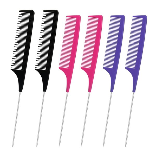 6PCS Rat Tail Combs for Parting, Parting Comb with Parting Tip, Fine Tooth Comb with Metal Pick, Hair Parting Comb for Braiding Hair, Metal Fine Rat Tooth Tail Comb for Women Girls (3 Color)