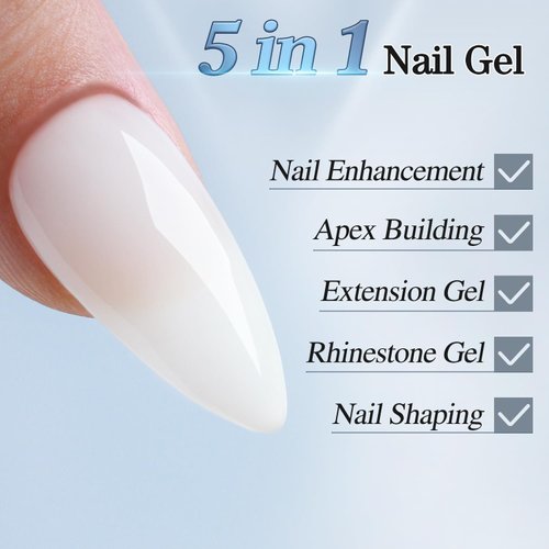 Double Rhythm 5 in 1 Milky Whtie Gel Nail Polish, Nail Strengthener Gel in a Bottle for Nail Thickening Extension Hard Glue Led UV Lamp (A-8 in 1-02)