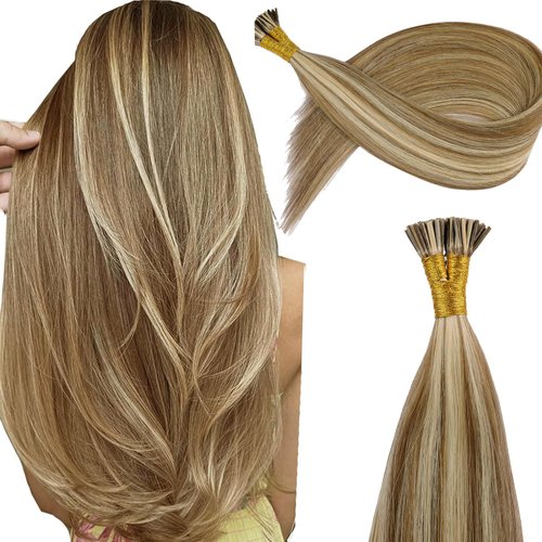 KiiKiiGirl Virgin Remy I Tip Hair Extensions Human Hair Chocolate Brown to Caramel Blonde Real Itip Human Hair Extensions 18Inch Pre Bonded I Tips Human Hair Extensions Invisible For Women 30G/Pack