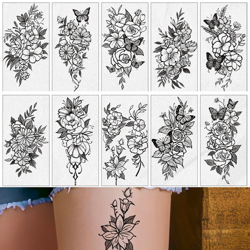 DGXWLLW 10 Sheets Flowers Temporary Tattoos for Women Adults Presents, Realistic False Tattoo Stickers Mixed Body Art Arm Sleeve Temporary Tattoos Stickers
