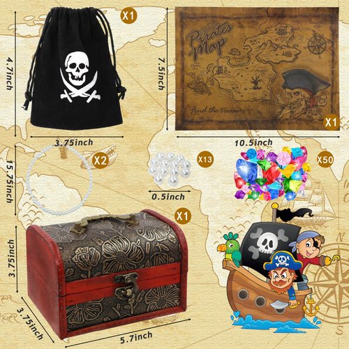 WGXX 85 Pieces Pirate Treasure Toys, Light-Up Diving Gem Colorful Pool Acrylic Diamonds Pirate Treasure Chest Gold Coins Pirate Map Compass for Children Pirates Themed Adventures Summer Pool