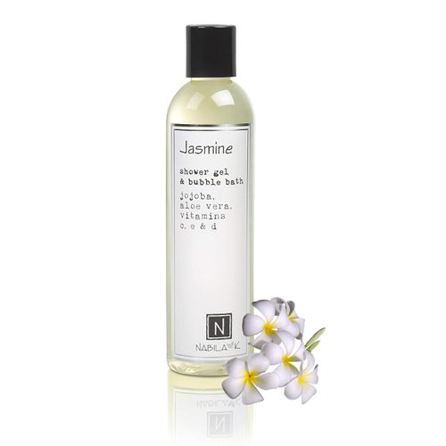 Nabila K Shower Gel & Bubble Bath - Body Wash for Men & Women - Non-Drying Formula with Jojoba, Aloe Vera, And Vitamins C, E & D - Naturally-Derived Ingredients - Jasmine - 9 oz