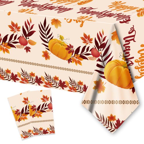 ORNACELE 2PCS Thanksgiving Fall Tablecloth Disposable - 108" × 54", Fall Table Cloth Autumn Harvest Pumpkin Leaves Tablecover Plastic Rectangle Table Cover for Dinner Party Decor