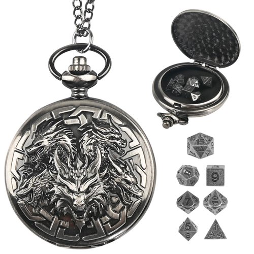 Banloga D&D Dice Set,7PCS Metal Dice Set for Dungeons and Dragons,Mini Dice Set with Pocket Watch Case,Role Playing Board Games Accessories (Dragon, Ancient Silver)