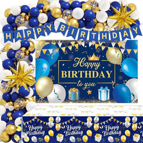 Blue Gold Birthday Party Decorations, 127PCS Happy Birthday Party Supplies Including Backdrop, Balloon Arch/Garland Kit, Tabblecloth, Banner for Men Women