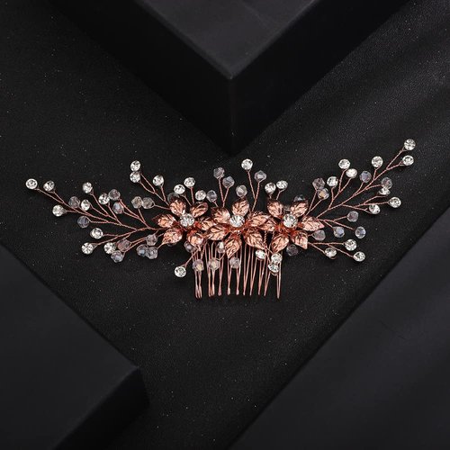 Teyglen Wedding Hair Comb Bridal Flower Rhinestone Hair Comb Headband Gold Silver Crystal Hair Pieces Vintage Headpieces Hair Jewelry for Bride Women Girls (Rose Gold)