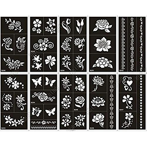 Xmasir Pack of 10 Airbrush Henna Tattoo Stencil for Women Hand Finger Face Body Painting Kids Glitter Tattoo Templates 18 X 8.5cm (1)