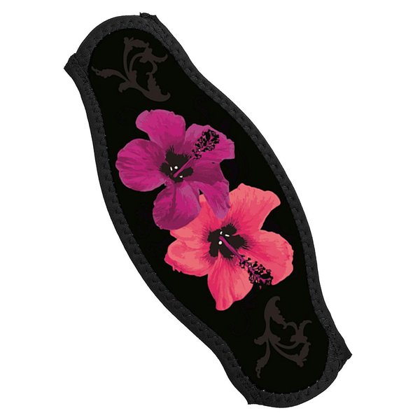 New Comfortable Neoprene Strap Wrapper for Your Scuba Diving & Snorkeling Mask - Pink Hibiscus on Black Background