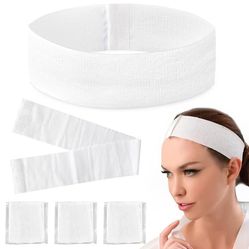 50PCS Disposable Spa Facial Headbands Elastic Non-woven Headband with Magic Tape Stretch Soft Skin Care Hair Band with Straps for Salons Supplies White