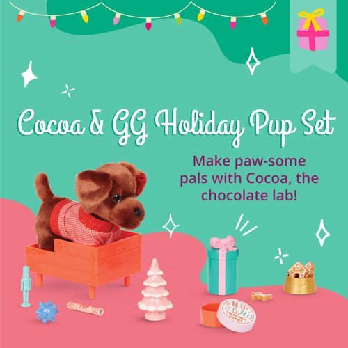 Glitter Girls – Holiday Puppy Set – 18pcs Accessory Set & 6-inch Plush – Dog Bed & Sweater – Pillow, Jingle Bells & More – 3 Years + – Cocoa & Holiday Pup Set