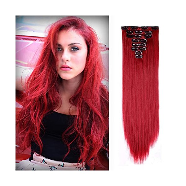 Benehair Clip in Hair Extensions 8PCS 26inch Long Straight Synthetic Hairpieces Dark Red Hair Extensions Double Weft Hairpieces for Women Full Head Cosplay Party Wedding Hairpiece