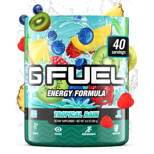 Gamma Labs G Fuel Tropical Rain Energy Powder, Sugar Free, Clean Caffeine Focus Supplement, Water Mix, Fruit Medley Flavor, Focus Amino, Vitamin + Antioxidants Blend, 9.8 oz (40 Servings)