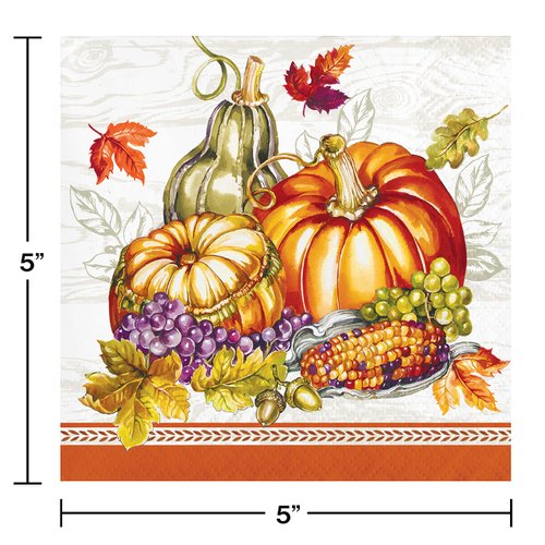 Creative Converting Thanksgiving Cornucopia Beverage Napkins, 5" x 5", Burgundy, Orange, Green, and Ivory