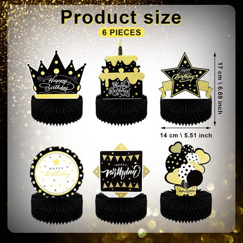 Skylety 6 Pcs Happy Birthday Party Decorations Black Gold Table Toppers Party Supplies Birthday Honeycomb Table Centerpieces Reusable Elegant for Men and Woman Birthday Party Supplies