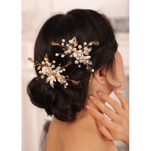 Kercisbeauty Gold Hair Comb Set for Women Wedding Bridal Headpiece with Champagne Crystal Pearl Hair Accessories