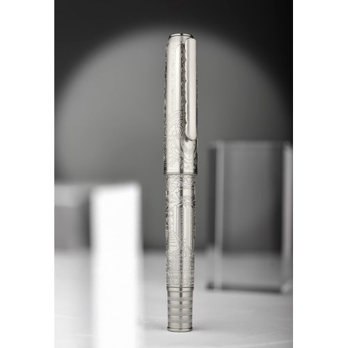 Hongdian 100 Piston Fountain Pen Silver Steel, Iridium Medium Nib Calligraphy Pen, Smooth Writing Pen with Pen Case Set