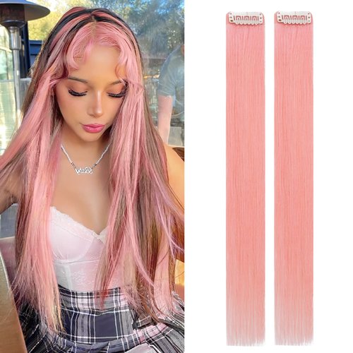 Benehair Pink Hair Extensions Clip in Human Hair 16 Inch Colored Hair Extensions Clip ins, Straight Hairpieces Cosplay Party Christmas Halloween Hair Accessories for Girls Women Kids 2 Pieces 8g