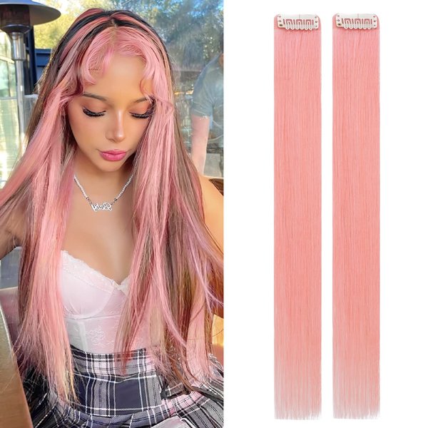 Benehair Pink Hair Extensions Clip in Human Hair 16 Inch Colored Hair Extensions Clip ins, Straight Hairpieces Cosplay Party Christmas Halloween Hair Accessories for Girls Women Kids 2 Pieces 8g